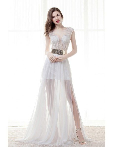 A-Line Scoop Neck Sweep Train Chiffon Prom Dress With Appliques Lace