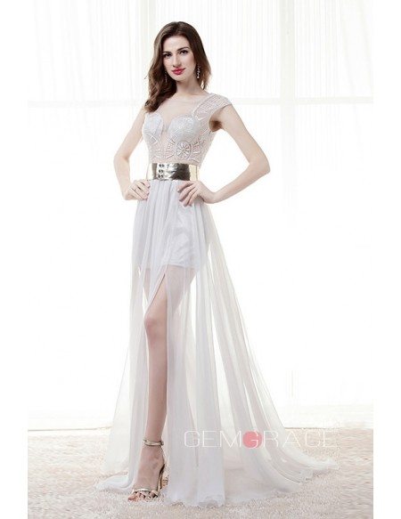 A-Line Scoop Neck Sweep Train Chiffon Prom Dress With Appliques Lace
