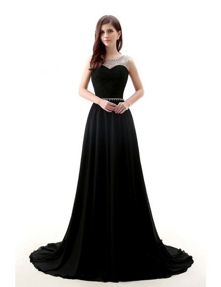 A-Line Scoop Neck Court Train Chiffon Prom Dress With Beading
