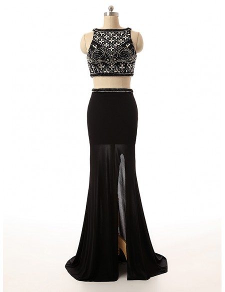 Two-Pieces Scoop Neck Floor-Length Prom Dress With Beading