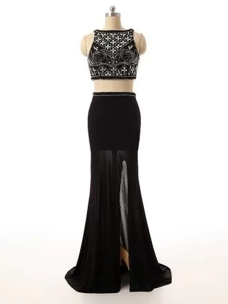 Two-Pieces Scoop Neck Floor-Length Prom Dress With Beading