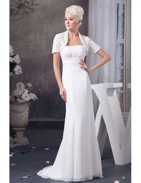 Sheath Strapless Sweep Train Chiffon Wedding Dress With Appliques Lace