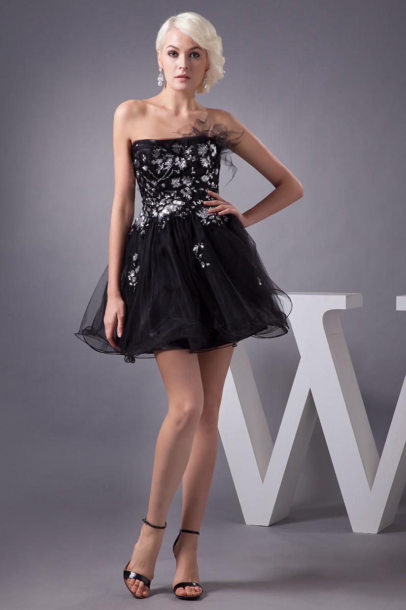 Short Mini Beading Tulle Silver Straps Prom Dress