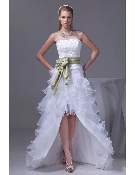 Aline Strapless Asymmetrical Ruffled Wedding Dress High Low with Sash