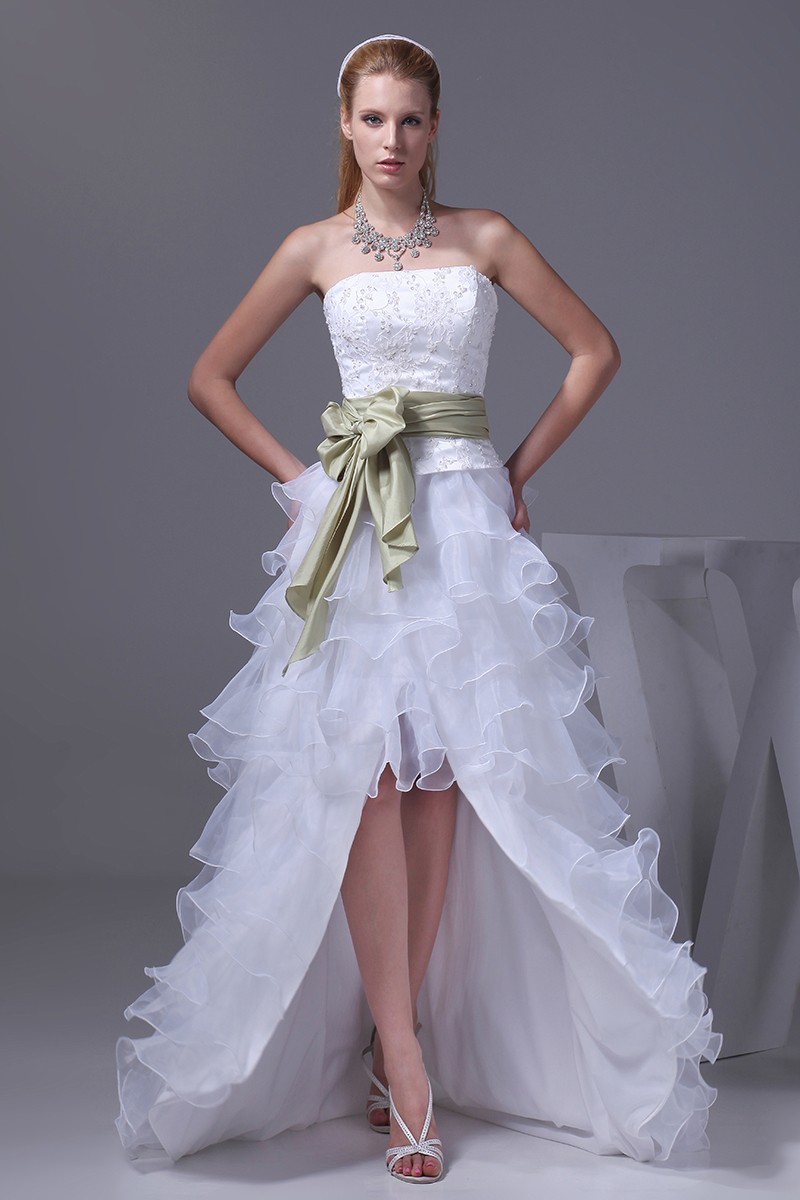 Strapless White High Low Wedding Dresses Ruffles A Line Asymmetrical ...