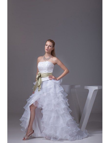 Aline Strapless Asymmetrical Ruffled Wedding Dress High Low with Sash