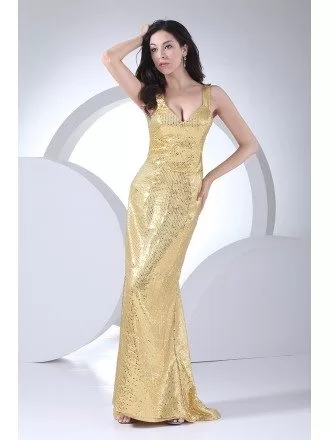 Sparkly Gold Sheath Floor Length Formal Party Dress with Straps