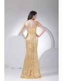 Sparkly Gold Sheath Floor Length Formal Party Dress with Straps