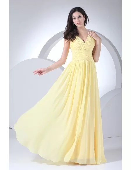 Yellow V-neck Pleated Long Chiffon Bridesmaid Dress