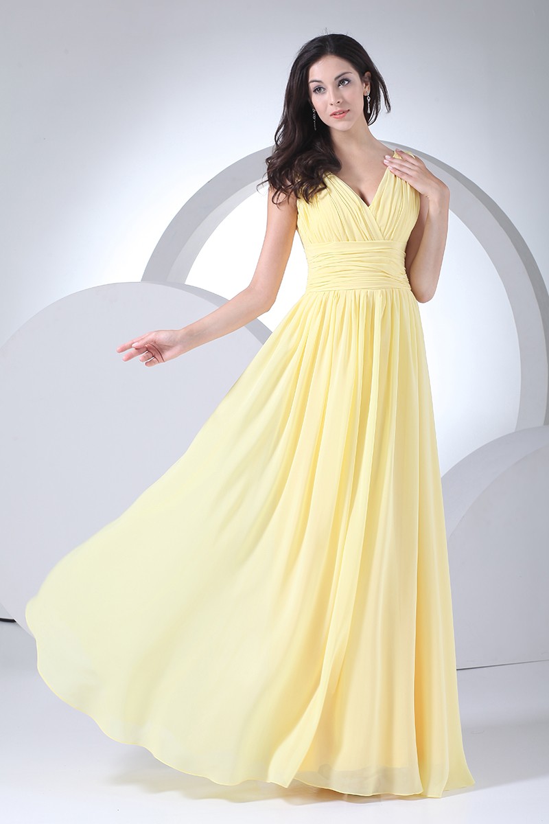 Yellow V-neck Pleated Long Chiffon Bridesmaid Dress #OP4072 $119 ...
