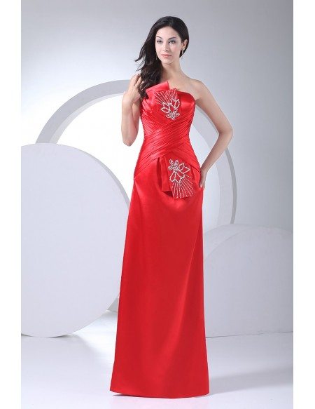 Red Strapless Floor Length Beaded Satin Bridal Party Dress