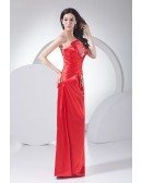 Red Strapless Floor Length Beaded Satin Bridal Party Dress