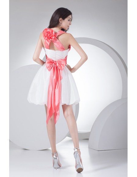 Cute Pink and White Short Party Dress with Sash Cross Back