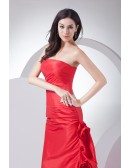 Red Strapless Floral Taffeta Formal Dress with Long Train