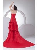 Red Strapless Floral Taffeta Formal Dress with Long Train