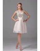 Sparkly Sequined Short Tulle Bridal Party Dress with Sash