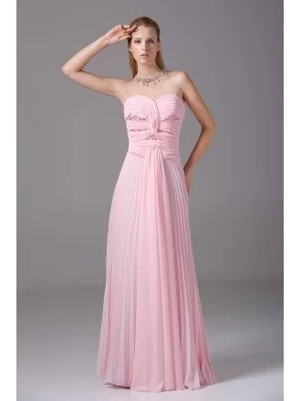 Pink Pleated Chiffon Floor Length Long Sweetheart Bridal Party Dress