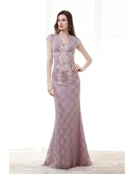Sheath V-neck Floor-Length Lace Evening Dress With Pearl Appliques