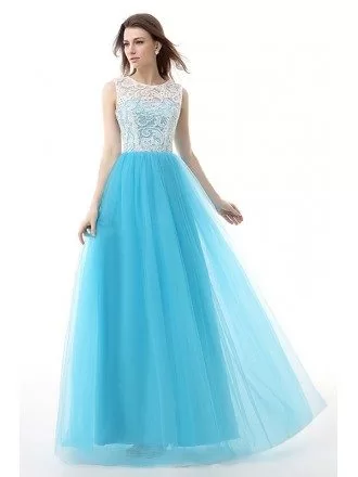 A-Line Scoop Neck Floor-Length Tulle Prom Dress With Appliques Lace