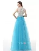 A-Line Scoop Neck Floor-Length Tulle Prom Dress With Appliques Lace
