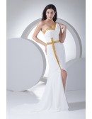 Gold Sequined Neckline White Pleated Chiffon Dress Split Front