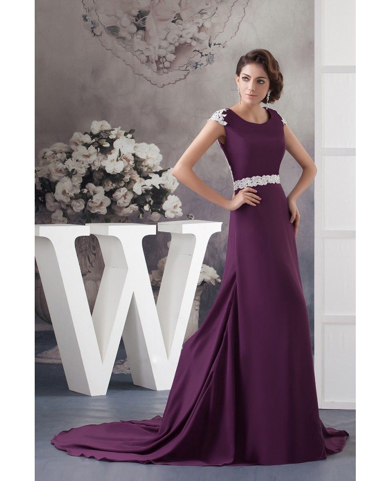 Long Purple with White Lace Chiffon Evening Dress With Train