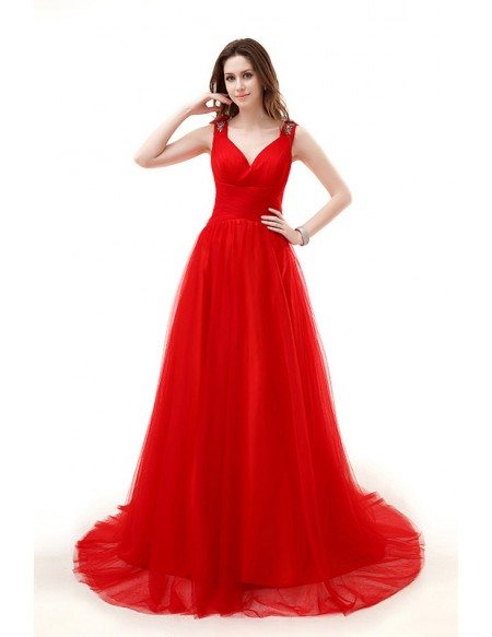 A-Line V-neck Chaple Train Tulle Prom Dress With Ruffle Beading