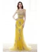 Sheath Scoop Neck Sweep Train Tulle Prom Dress With Beading Pearl