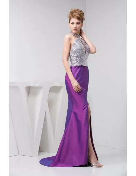 Purple and Silver Slit Halter Taffeta Evening Prom Dress With Sequin ...