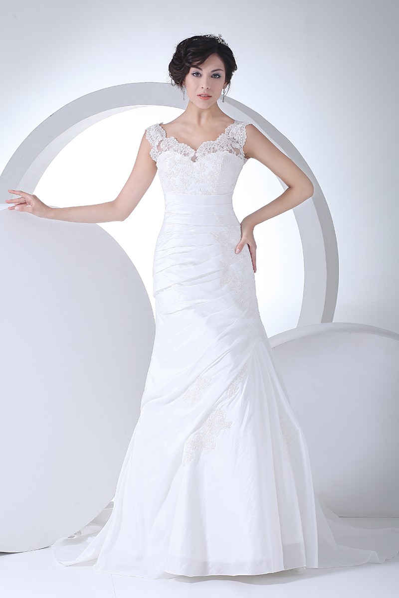 Lace Straps Pleated Taffeta Mermaid Wedding Dress in White #OP4129 $206 ...
