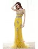 Sheath Scoop Neck Sweep Train Tulle Prom Dress With Beading Pearl