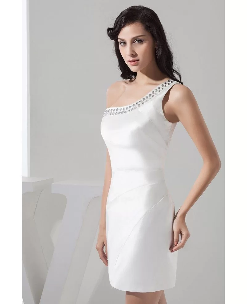Simple Short White Satin Cocktail Prom Dress with Beaded One Shoulder ...
