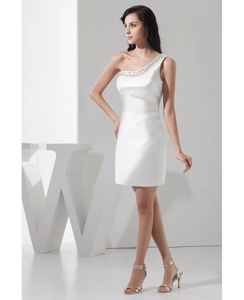 Simple Short White Satin Cocktail Prom Dress with Beaded One Shoulder ...