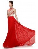 Red A-line Halter Sweep-train Dress With Beading