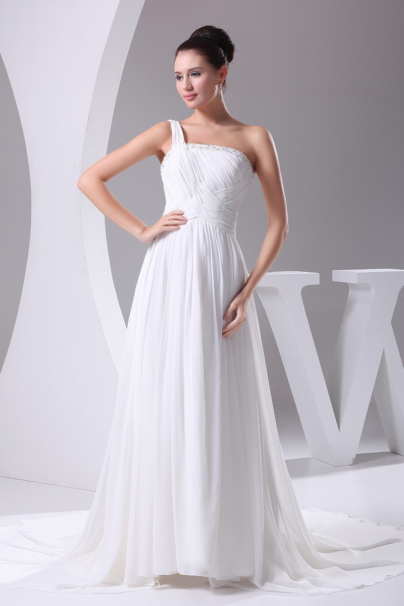 Elegant Long Pleated One Shoulder Wedding Dress in Chiffon #OP4146 $197 ...