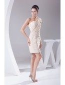 Floral One Shoulder Pleated Chiffon Champagne Bridal Party Dress Short
