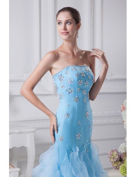 Cute Beaded Blue Sheath Prom Dress with Ruffles