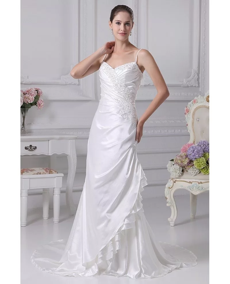 Side Beaded Silky Satin Long Wedding Dress With Spaghetti Straps OP4164 173 GemGrace