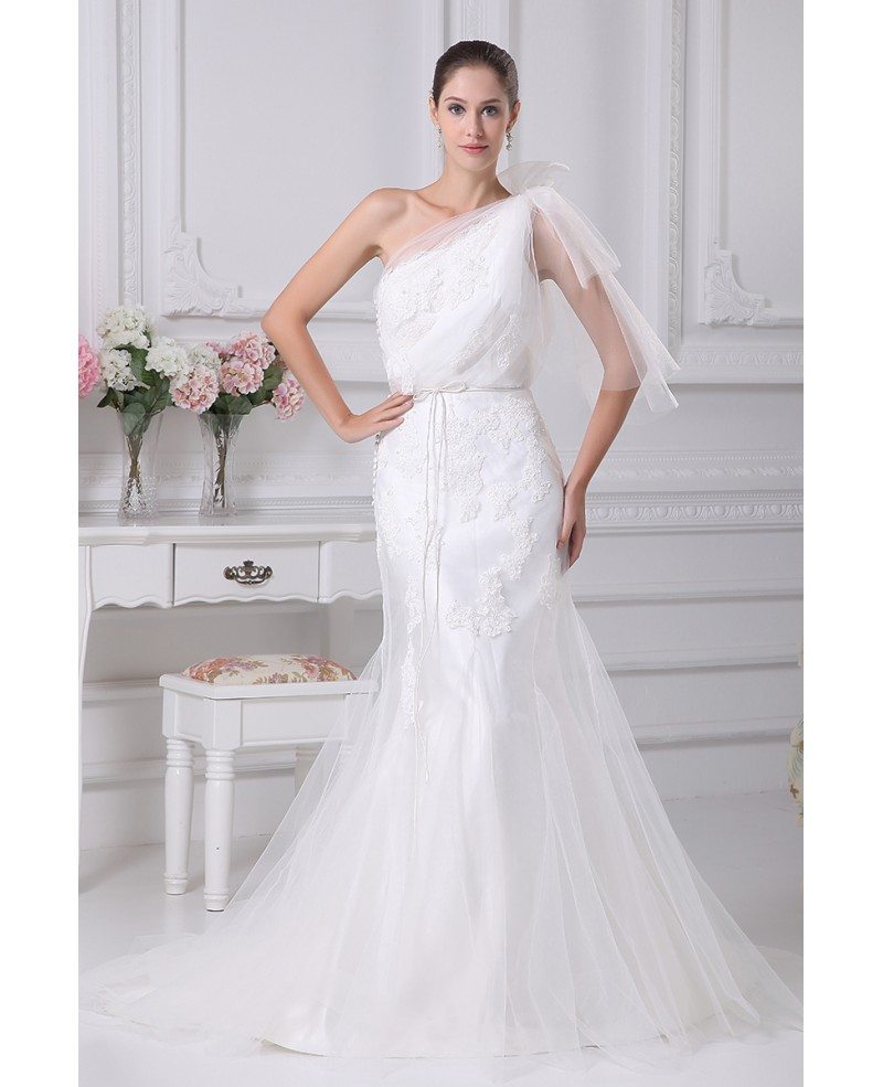 Unique Lace With Tulle One Strap Mermaid Wedding Dress