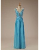 A-Line V-neck Floor-Length Chiffon Prom Dress With Beading