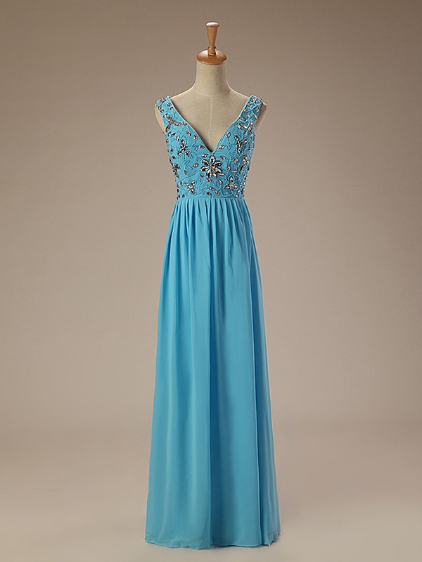 A-Line V-neck Floor-Length Chiffon Prom Dress With Beading #CY0205 $153