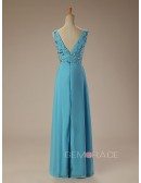 A-Line V-neck Floor-Length Chiffon Prom Dress With Beading