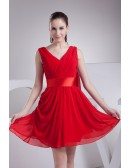 Red Pleated Chiffon Short Bridesmaid Dress with Sash