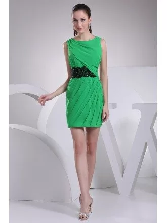 Green with Black Lace Pleated Chiffon Mini Bridal Party Dress