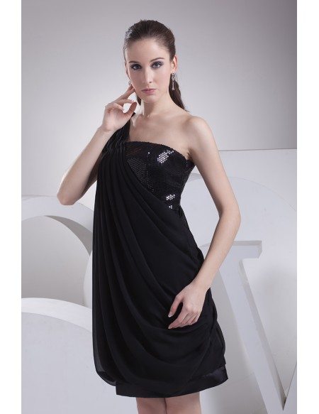 One Shoulder Black Pleated Bridal Party Dress