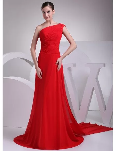 Elegant Red Long Chiffon One Shoulder Formal Dress Custom
