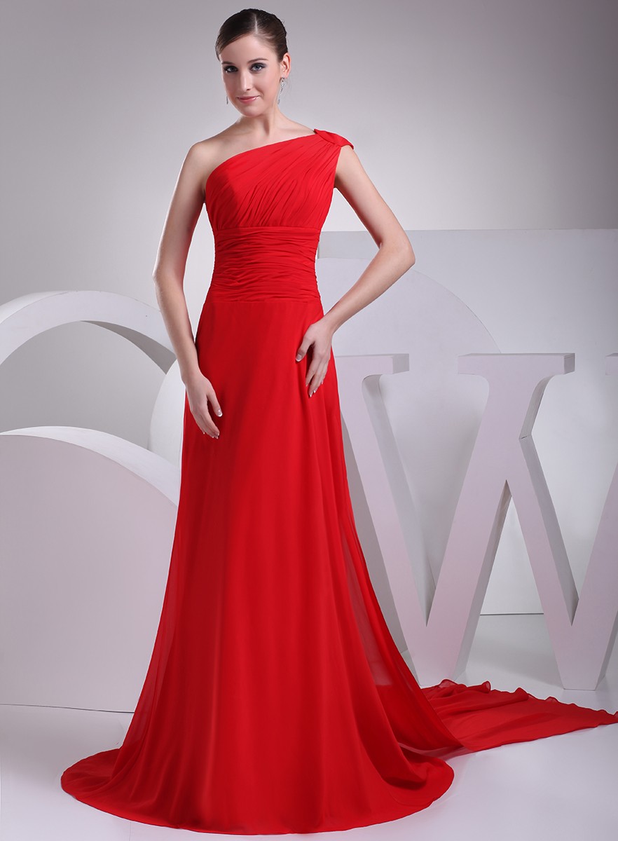 Elegant Red Long Chiffon One Shoulder Formal Dress Custom #OP4190 $160 ...