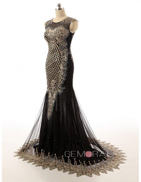 Sheath Scoop Neck Chaple Train Chiffon Evening Dress With Beading Appliques Lace