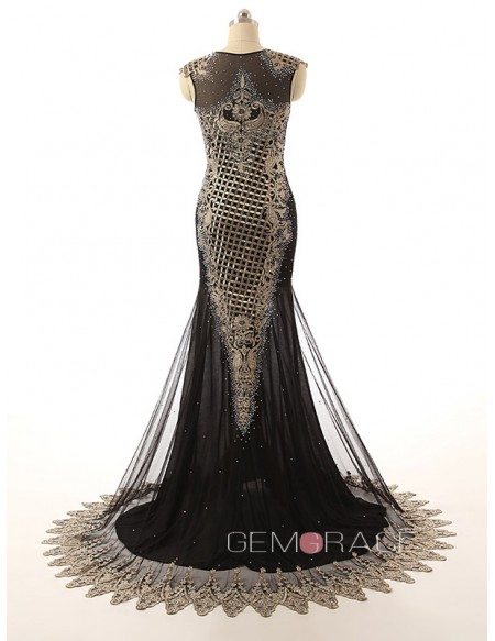 Sheath Scoop Neck Chaple Train Chiffon Evening Dress With Beading Appliques Lace