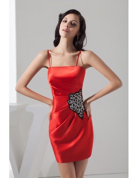 Hot Red with Black Beading Satin Short Cocktail Dress with Spaghetti ...